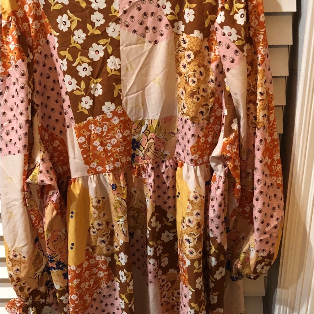 Long Sleeve Patchwork Floral Midi Dress in Pink & Brown - Picture 6 of 7